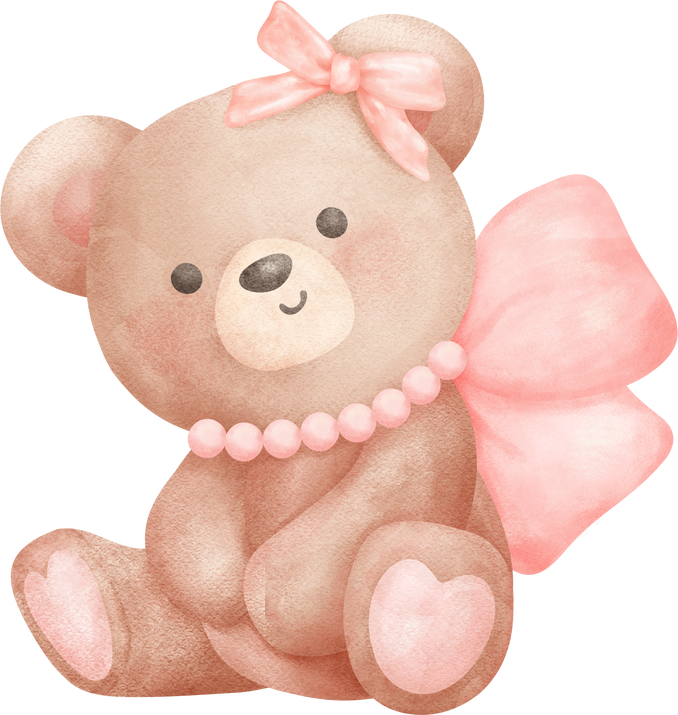 Adorable Coquette Teddy Bear with pink ribbon bow Watercolor Illustration